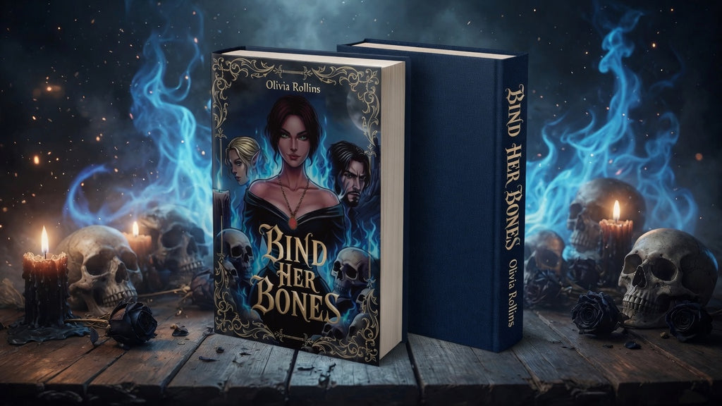A fantasy book titled "Bind Her Bones" by Olivia Bellum is shown standing upright next to its front cover, set on a rustic wooden surface with glowing blue flames, candles, skulls, and dark roses in the background.