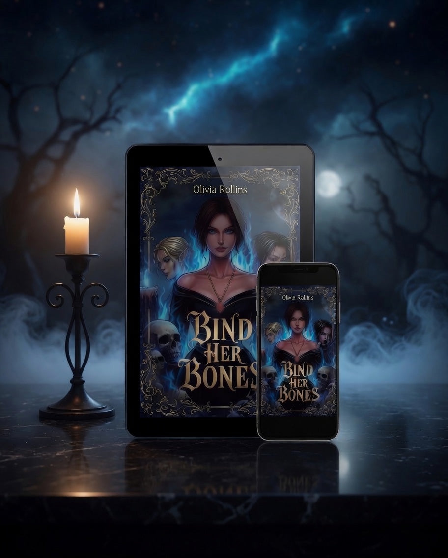 Tablet and smartphone displaying 'Bind Her Bones' book cover with a candle and dark background