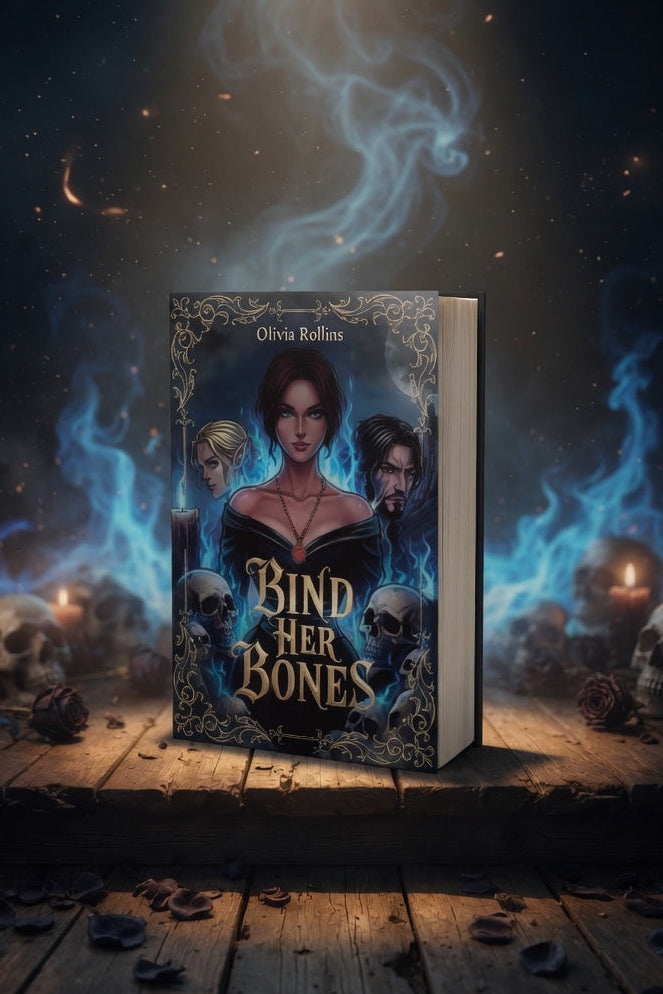 A fantasy book titled "Bind Her Bones" by Olivia Robins stands upright on a wooden platform, surrounded by glowing blue smoke, candles, skulls, and dark embers. The cover shows a dark-haired woman with pale skin and several skulls, with ornate gold detailing around the edges.