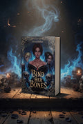 A fantasy book titled "Bind Her Bones" by Olivia Robins stands upright on a wooden platform, surrounded by glowing blue smoke, candles, skulls, and dark embers. The cover shows a dark-haired woman with pale skin and several skulls, with ornate gold detailing around the edges.