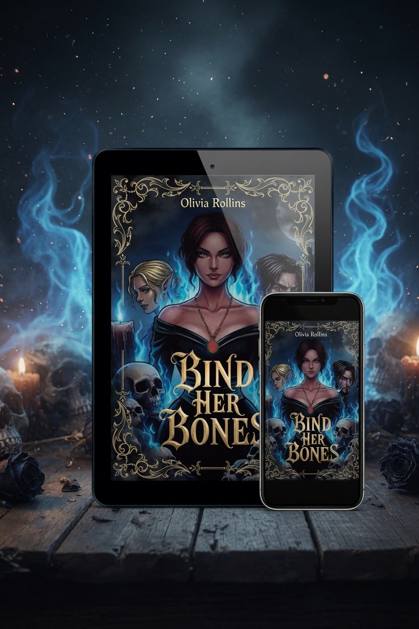 Digital book cover artwork for 'Bind Her Bones' by Olivia Rollins, shown on a tablet and smartphone mockup against a dark fantasy background with blue flames and candles.