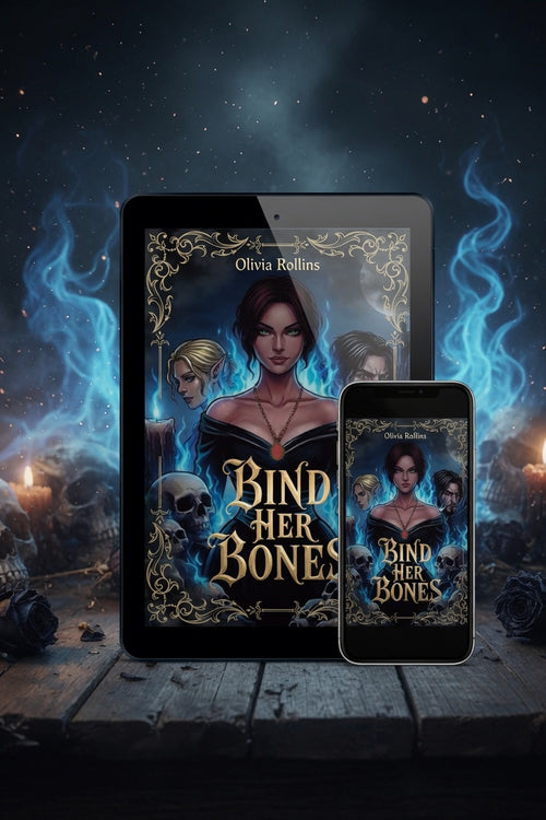 Digital book cover artwork for 'Bind Her Bones' by Olivia Rollins, shown on a tablet and smartphone mockup against a dark fantasy background with blue flames and candles.