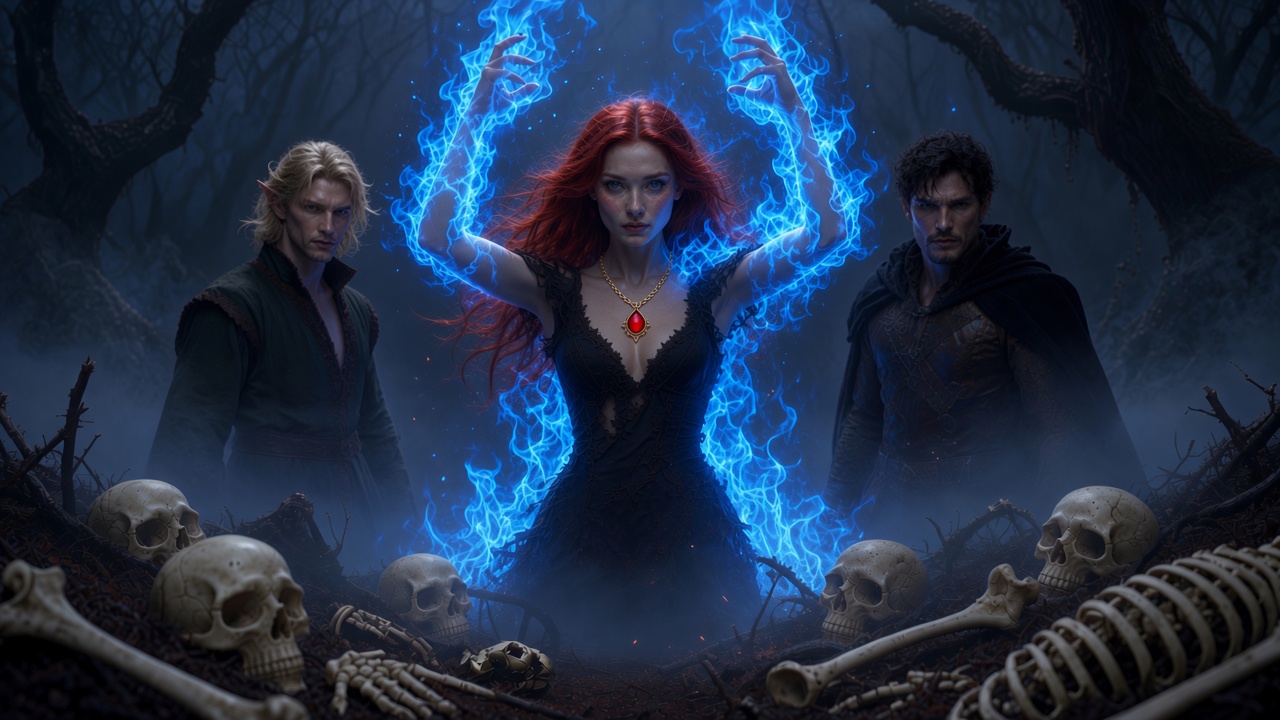 Bind Her Bones — heroine raising spectral blue fire among skulls and shadows